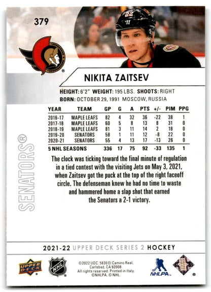 2021-22 Upper Deck Nikita Zaitsev Ottawa Senators #379