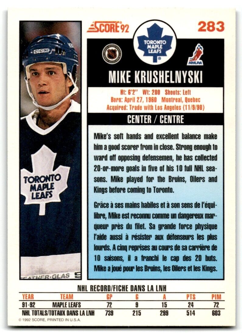 1992-93 Score Mike Krushelnyski Toronto Maple Leafs #283