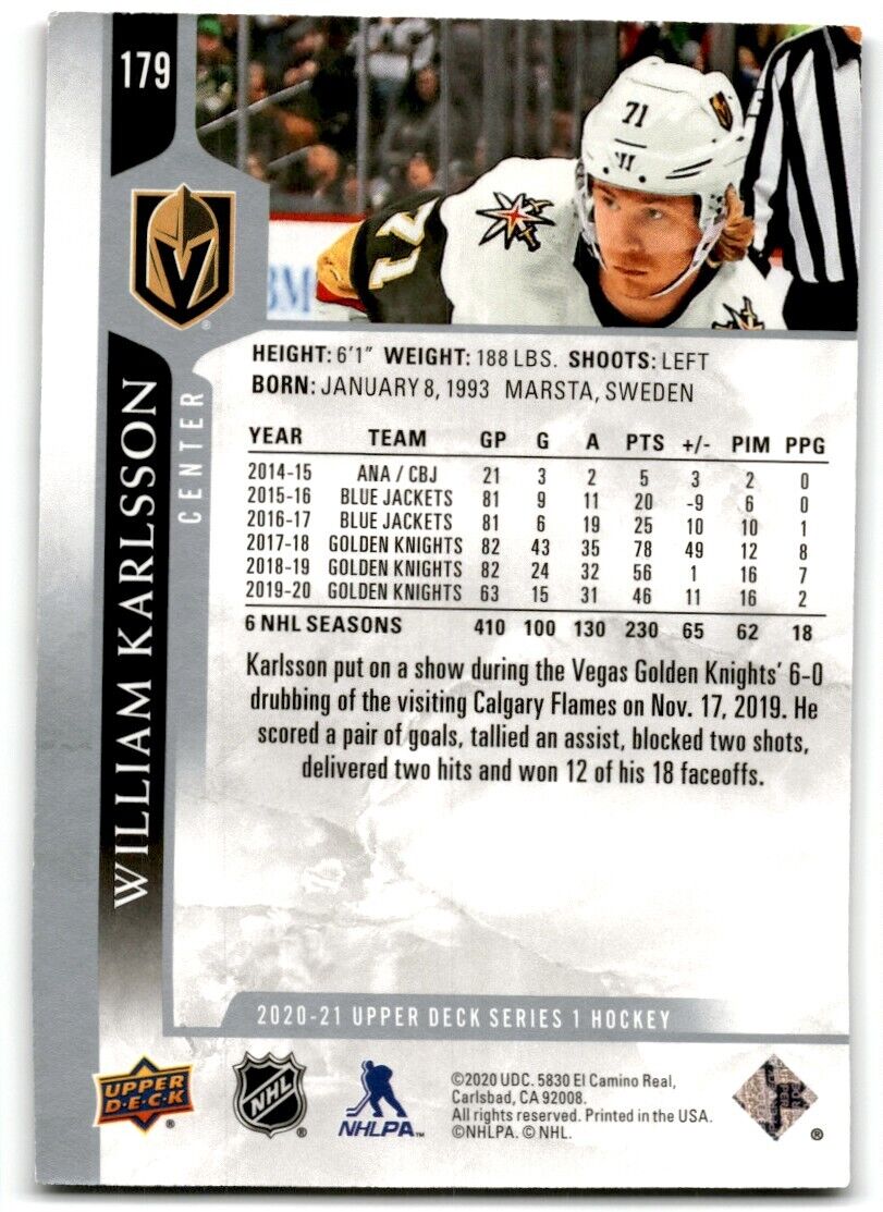 2020-21 Upper Deck William Karlsson Vegas Golden Knights #179