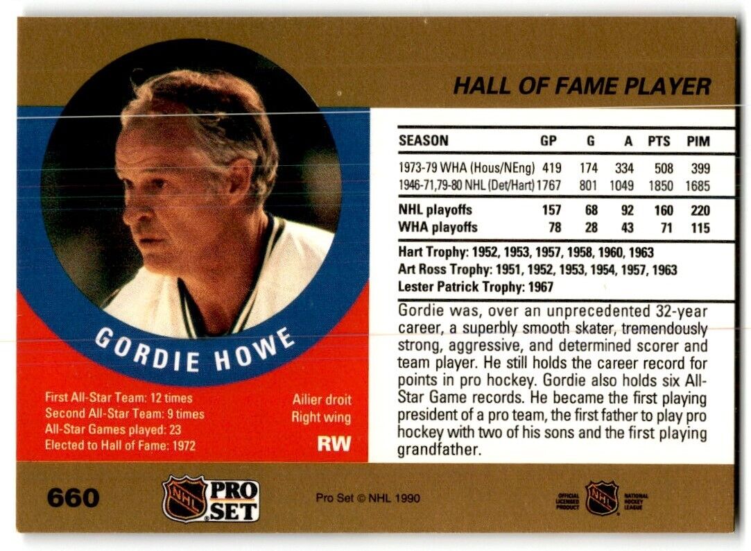 1990-91 Pro Set Gordie Howe Hartford Whalers #660B