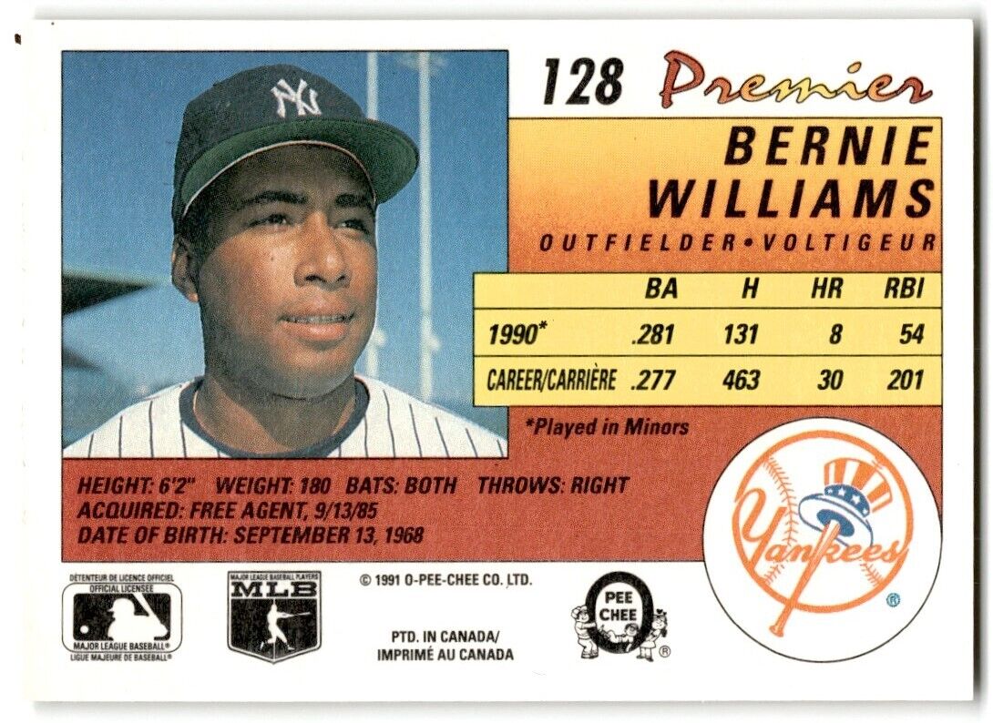 1991 O-Pee-Chee Premier Bernie Williams New York Yankees #128