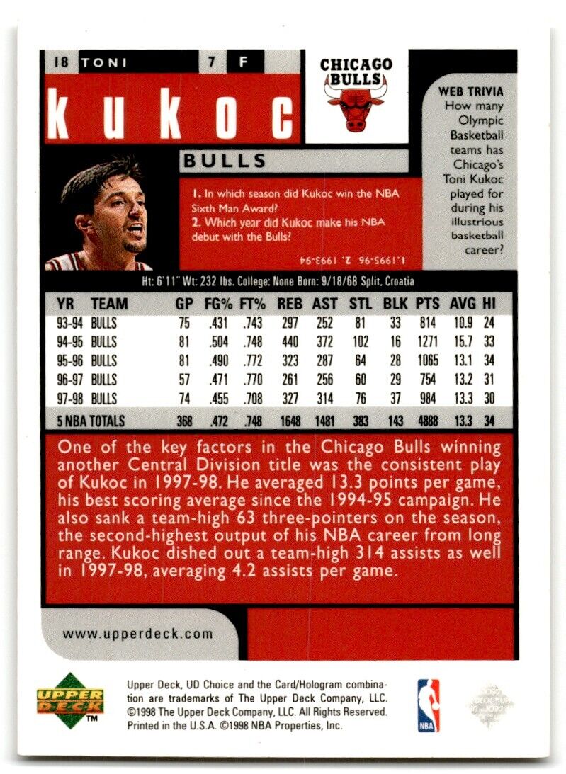 1999-00 Upper Deck UD Choice Toni Kukoc Chicago Bulls #18 Metal