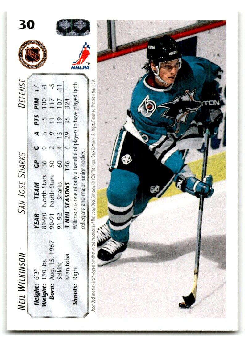 1992-93 Upper Deck Neil Wilkinson San Jose Sharks #30