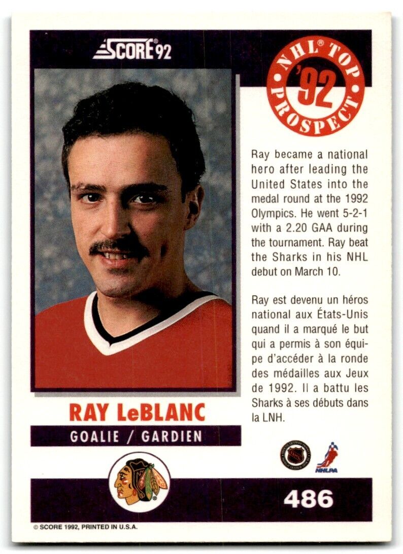 1992-93 Score Canadian Ray LeBlanc Chicago Blackhawks #486