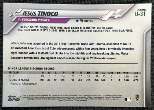 2020 Topps Chrome Update Jesus Tinoco Rookie Colorado Rockies #U-31