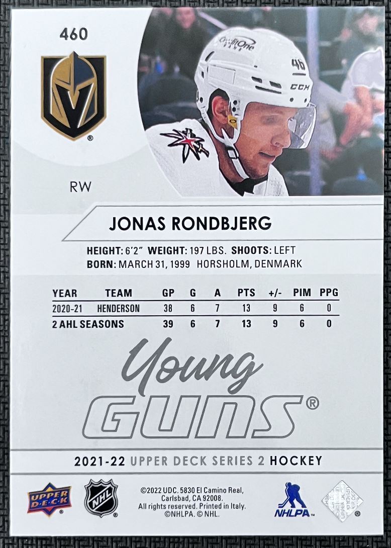 2021-22 Upper Deck Jonas Rondbjerg Rookie Vegas Golden Knights #460