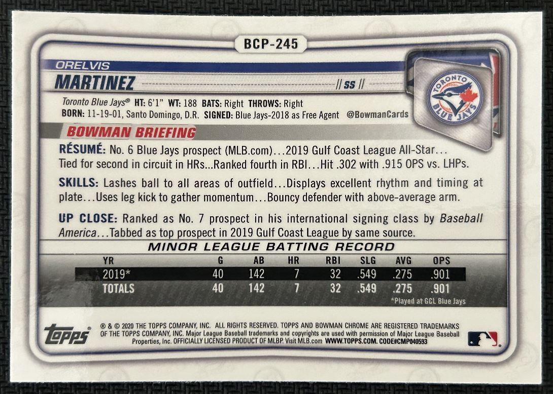 2020 Bowman Chrome Prospects Orelvis Martinez Toronto Blue Jays #BCP-245