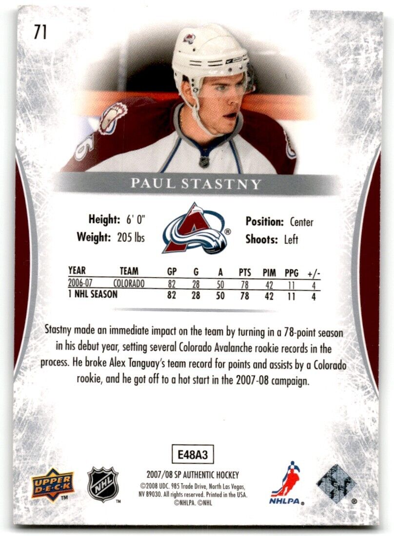 2008-09 SP Authentic Paul Stastny Colorado Avalanche #71