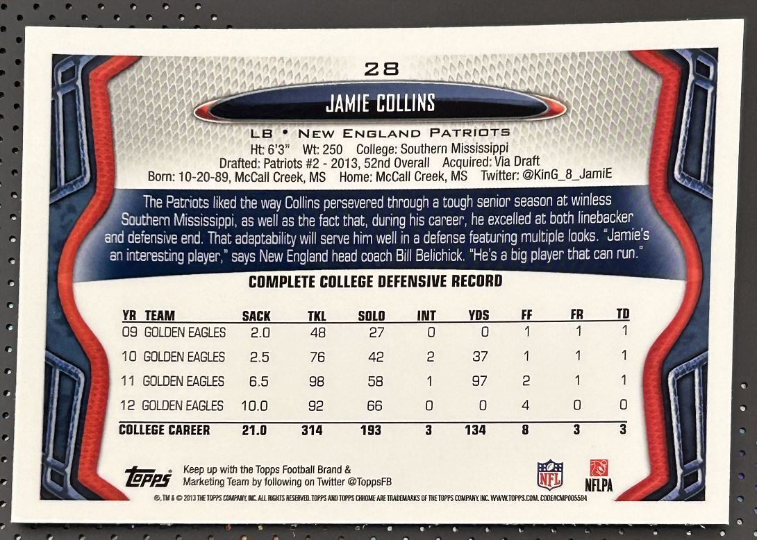 2013 Topps Chrome Jamie Collins Rookie New England Patriots #28