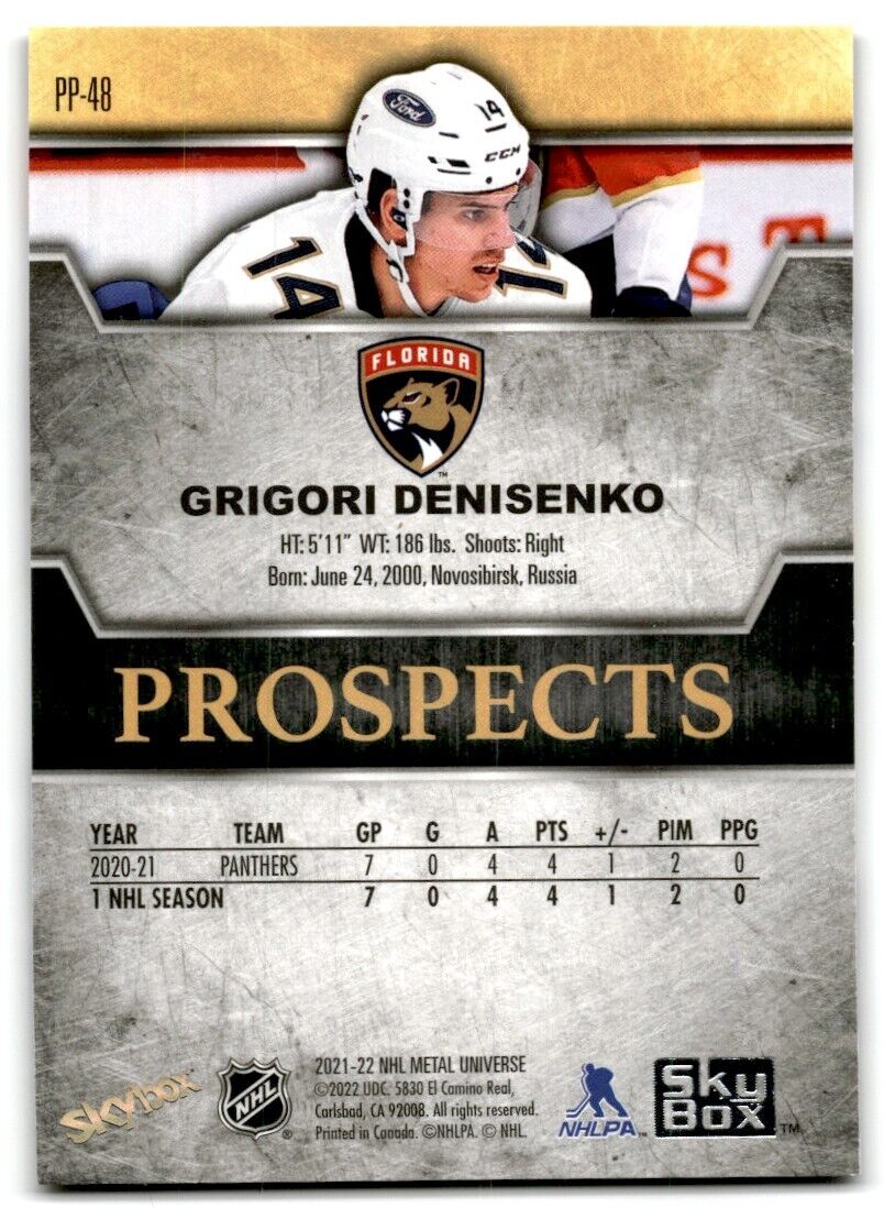 2021-22 Skybox Metal Universe Premium Prospects Grigori Denisenko Rookie Florida