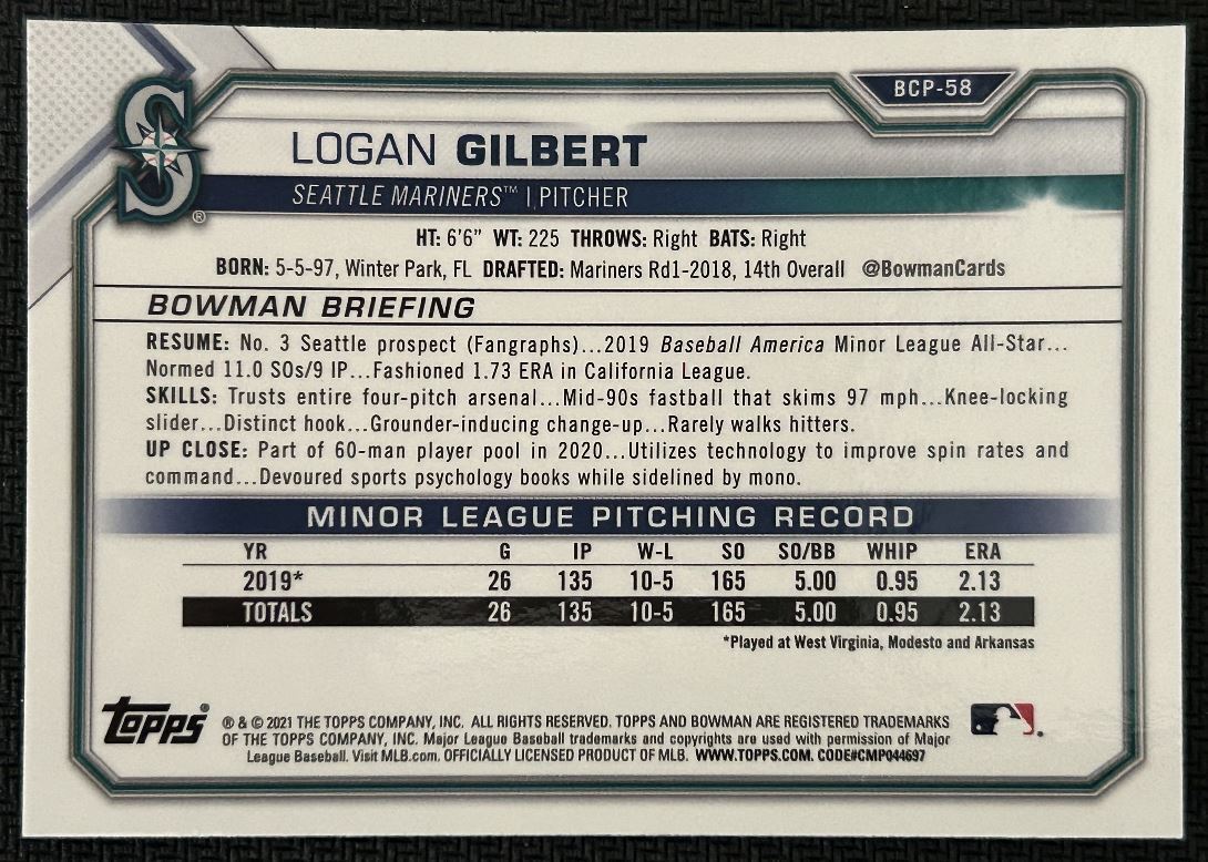 2021 Bowman Chrome Prospects Mojo Refractor Logan Gilbert Seattle Mariners