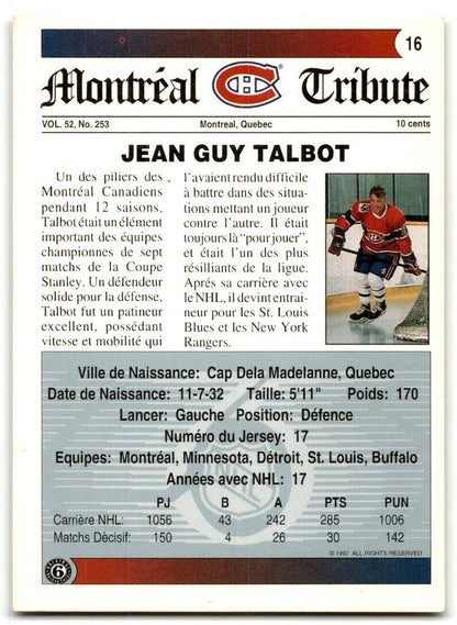 1991-92 Ultimate Original 6 Jean Guy Talbot Montreal Canadiens #16