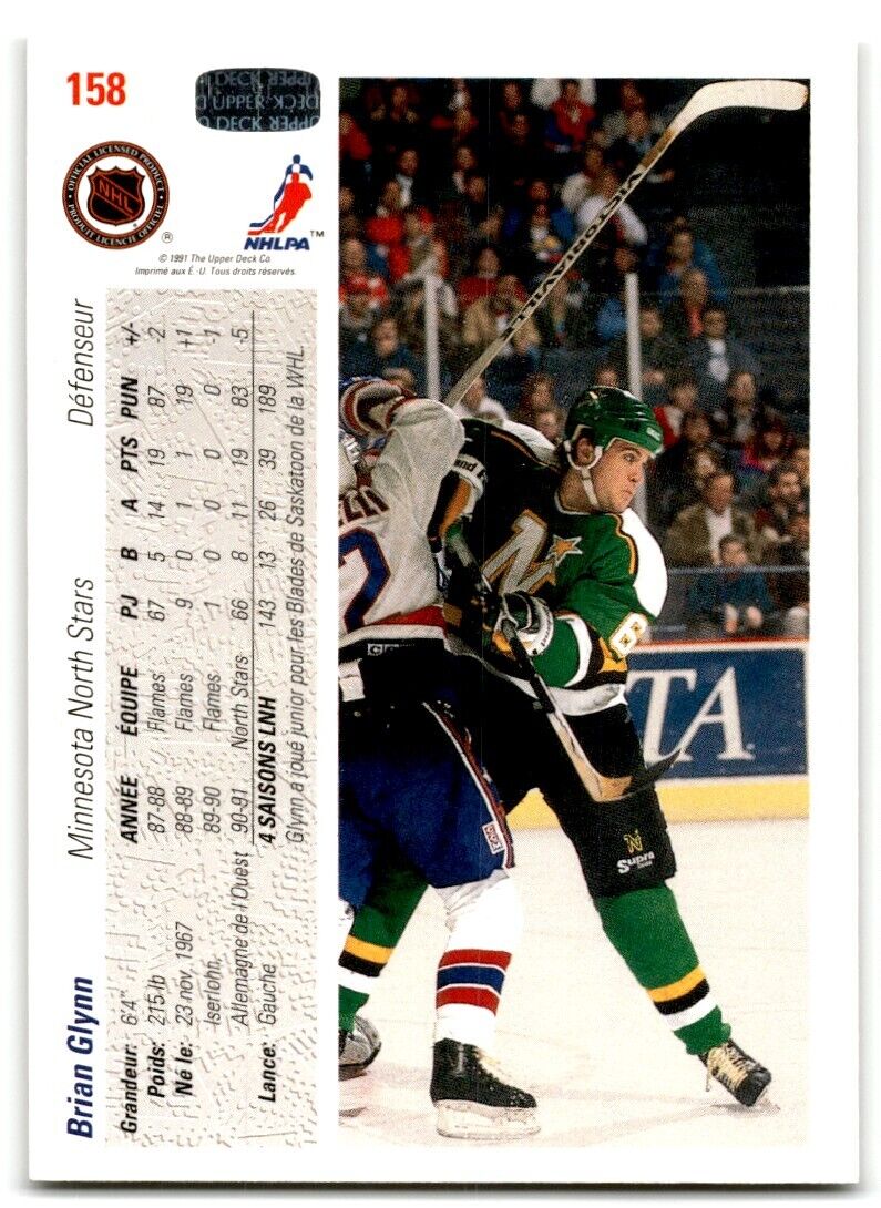 1991-92 Upper Deck Brian Glynn Rookie Minnesota North Stars #158