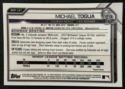 2021 Bowman Chrome Prospects Michael Toglia Colorado Rockies #BCP-137