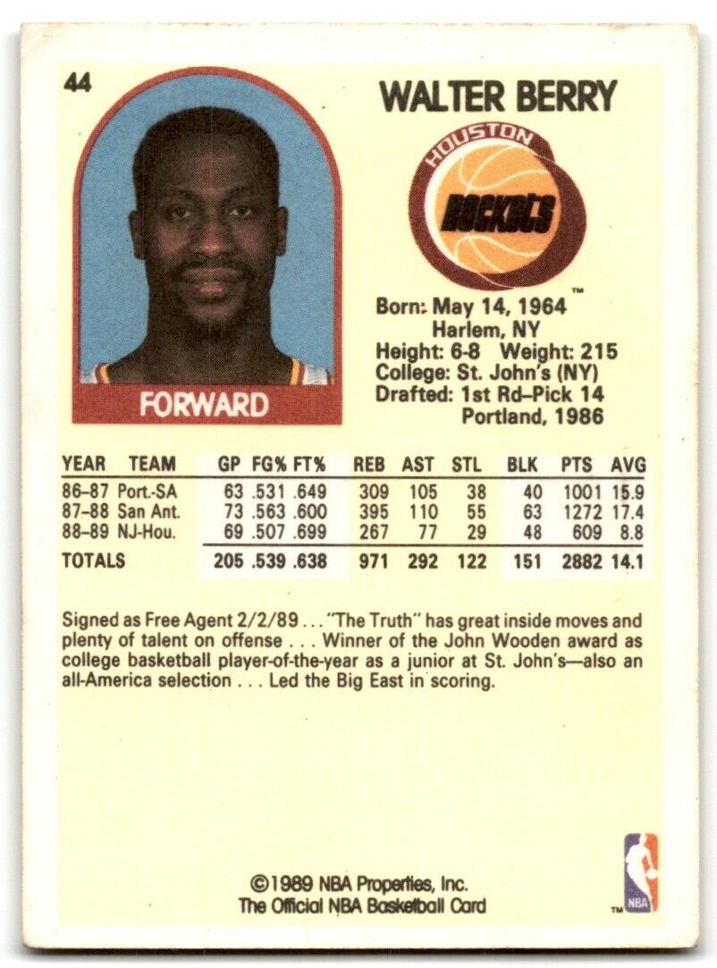 1989-90 Hoops Walter Berry Houston Rockets #44