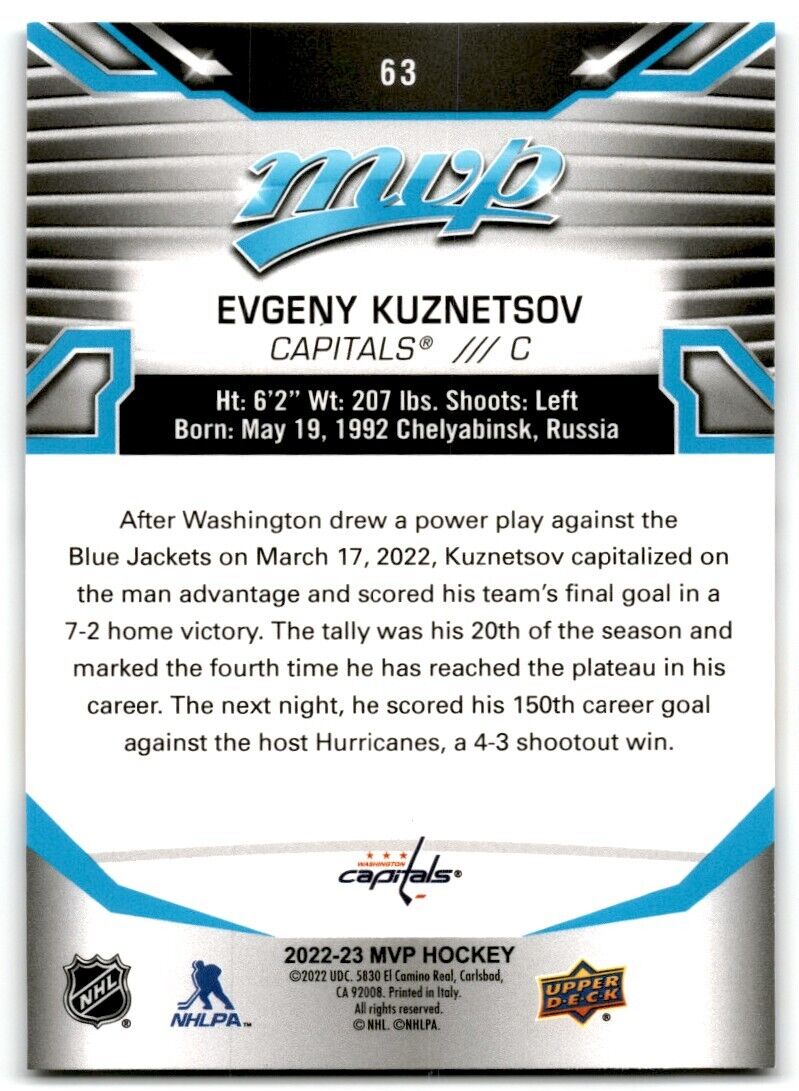 2022-23 Upper Deck MVP Evgeny Kuznetsov Washington Capitals #63