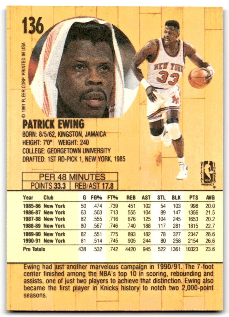 1991-92 Fleer Patrick Ewing New York Knicks #136