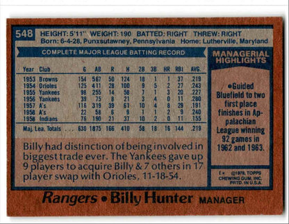 1978 Topps Billy Hunter Texas Rangers #548