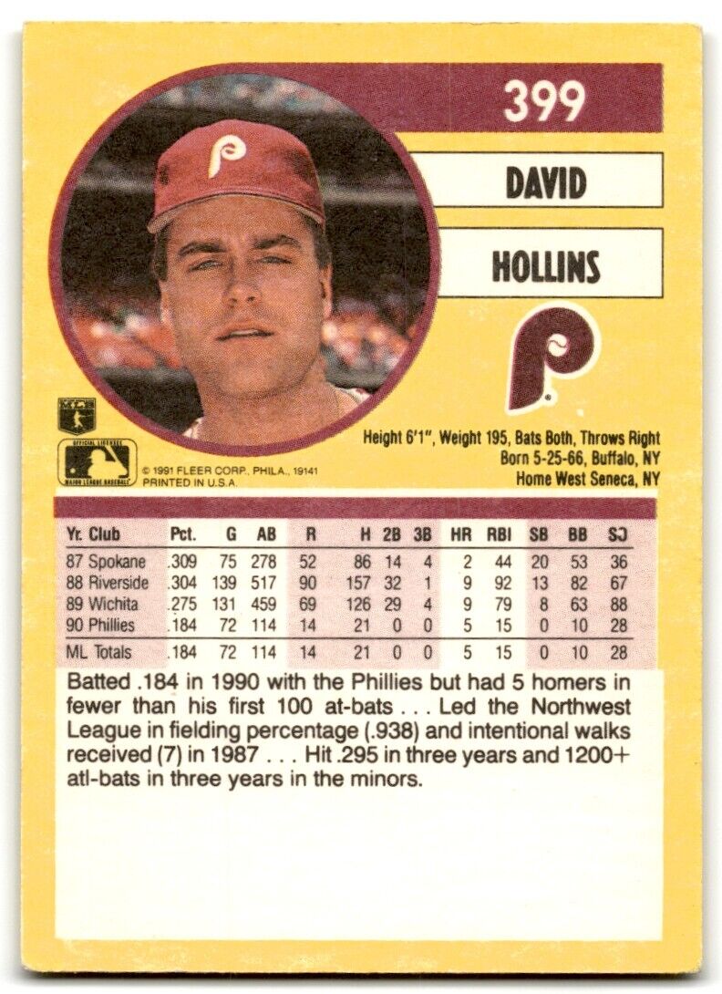 1991 Fleer David Hollins Philadelphia Phillies #399