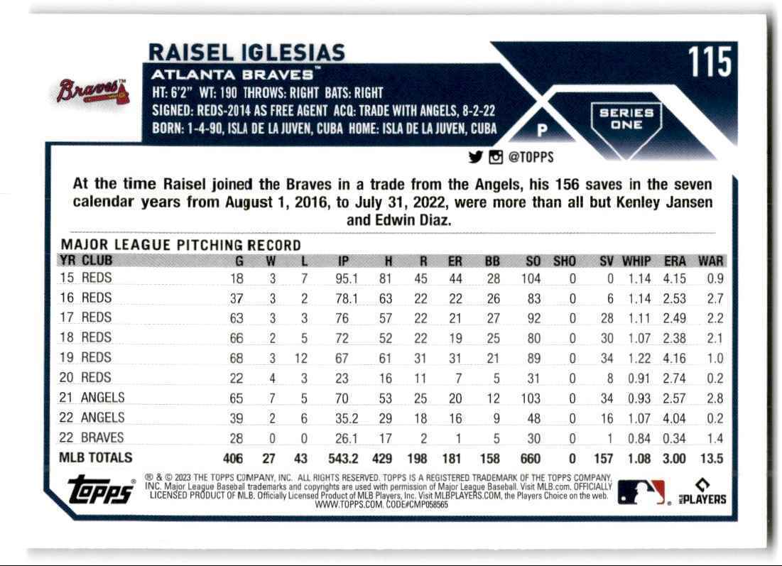 2023 Topps Raisel Iglesias Atlanta Braves #115