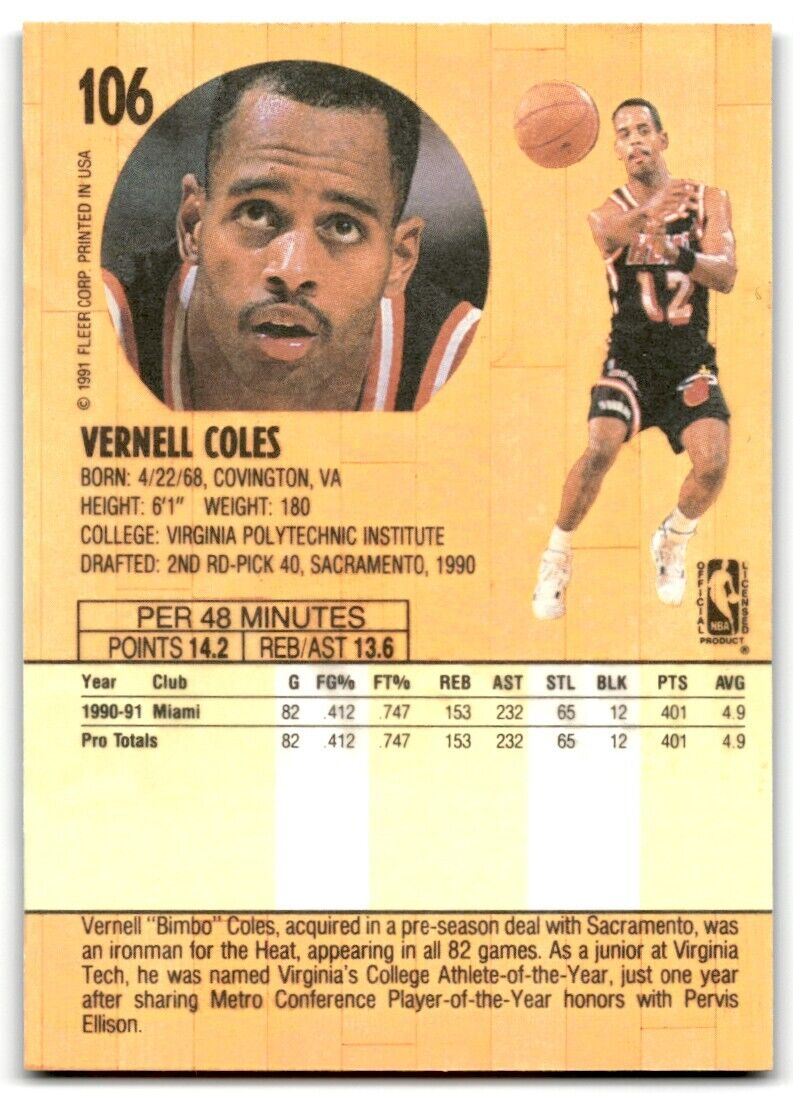 1991-92 Fleer Bimbo Coles Rookie Miami Heat #106