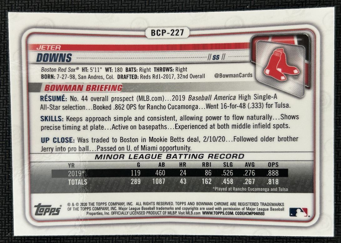 2020 Bowman Chrome Prospects Jeter Downs Boston Red Sox #BCP-227