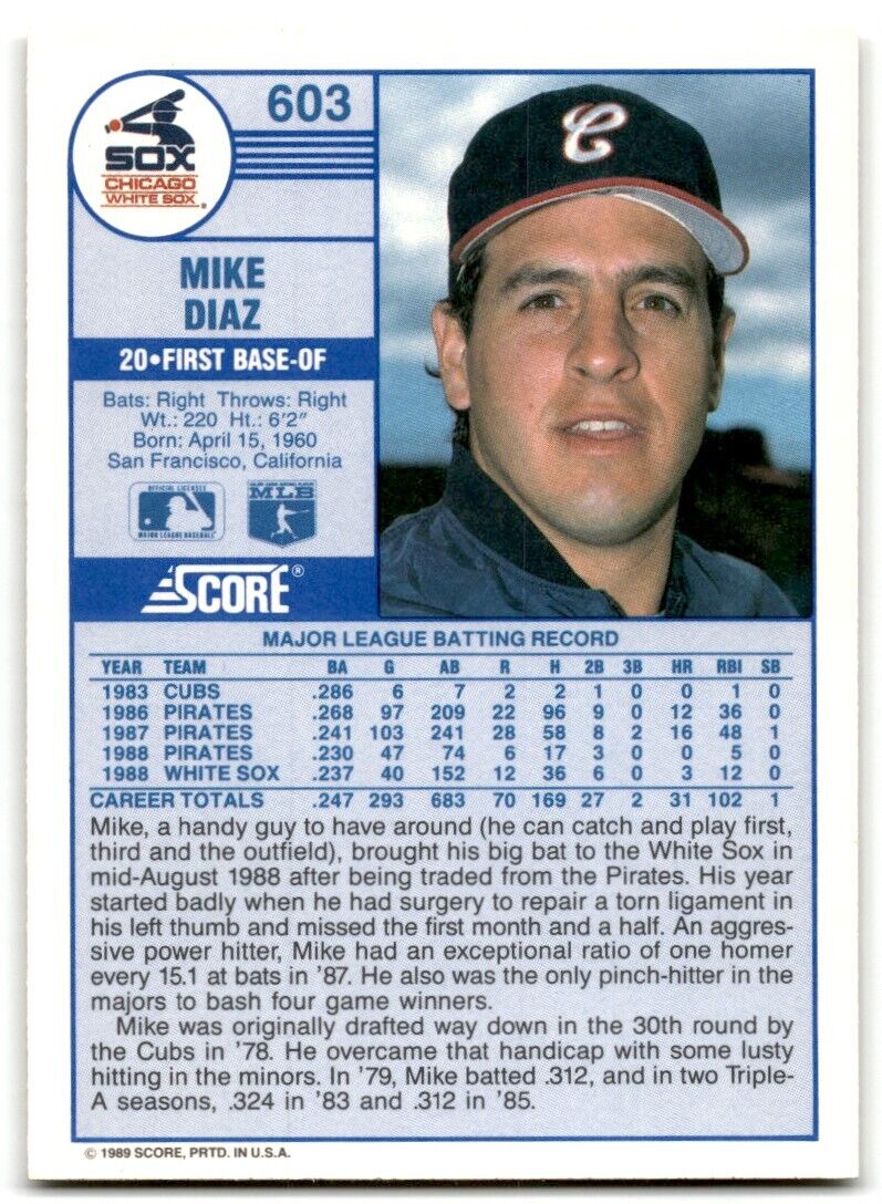 1989 Score Mike Diaz Chicago White Sox #603