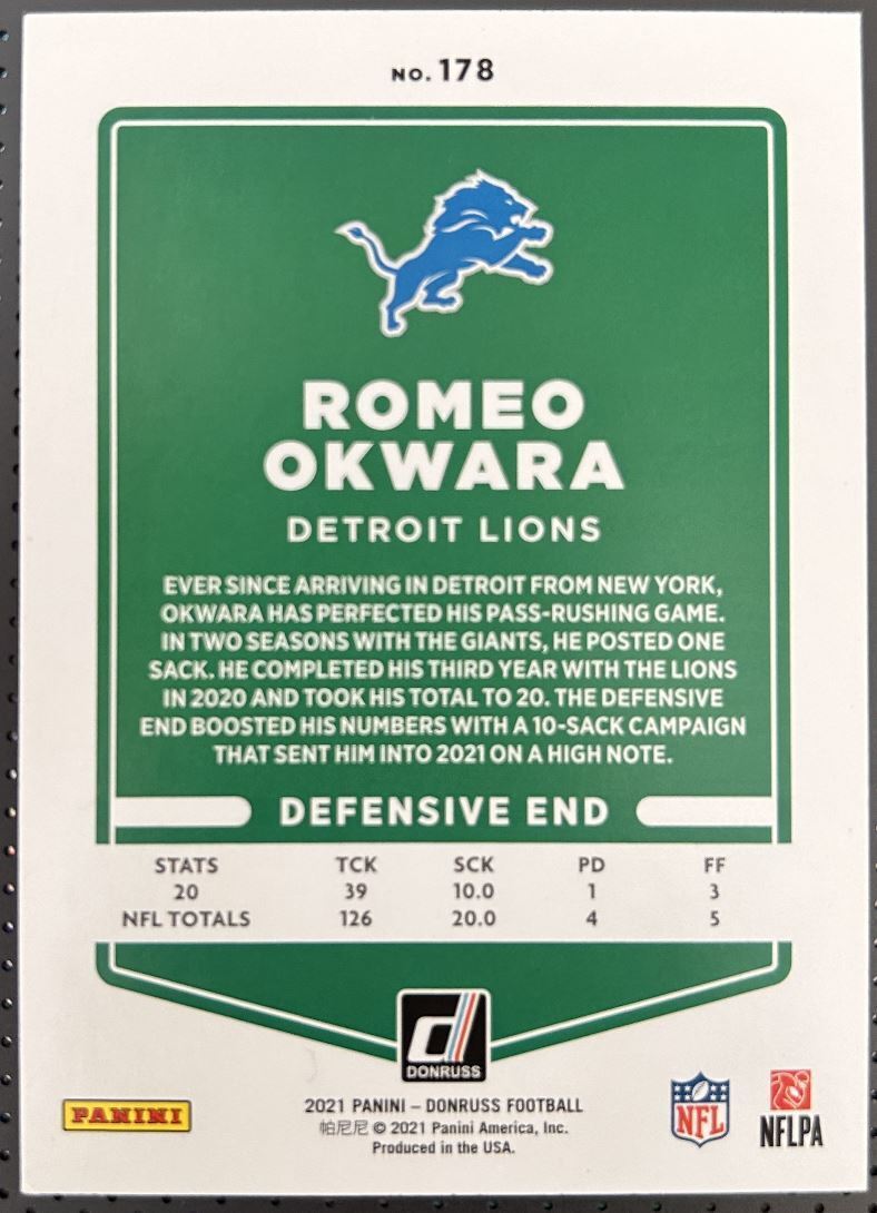 2021 Donruss Press Proof Blue Red Romeo Okwara Detroit Lions #178 Parallel