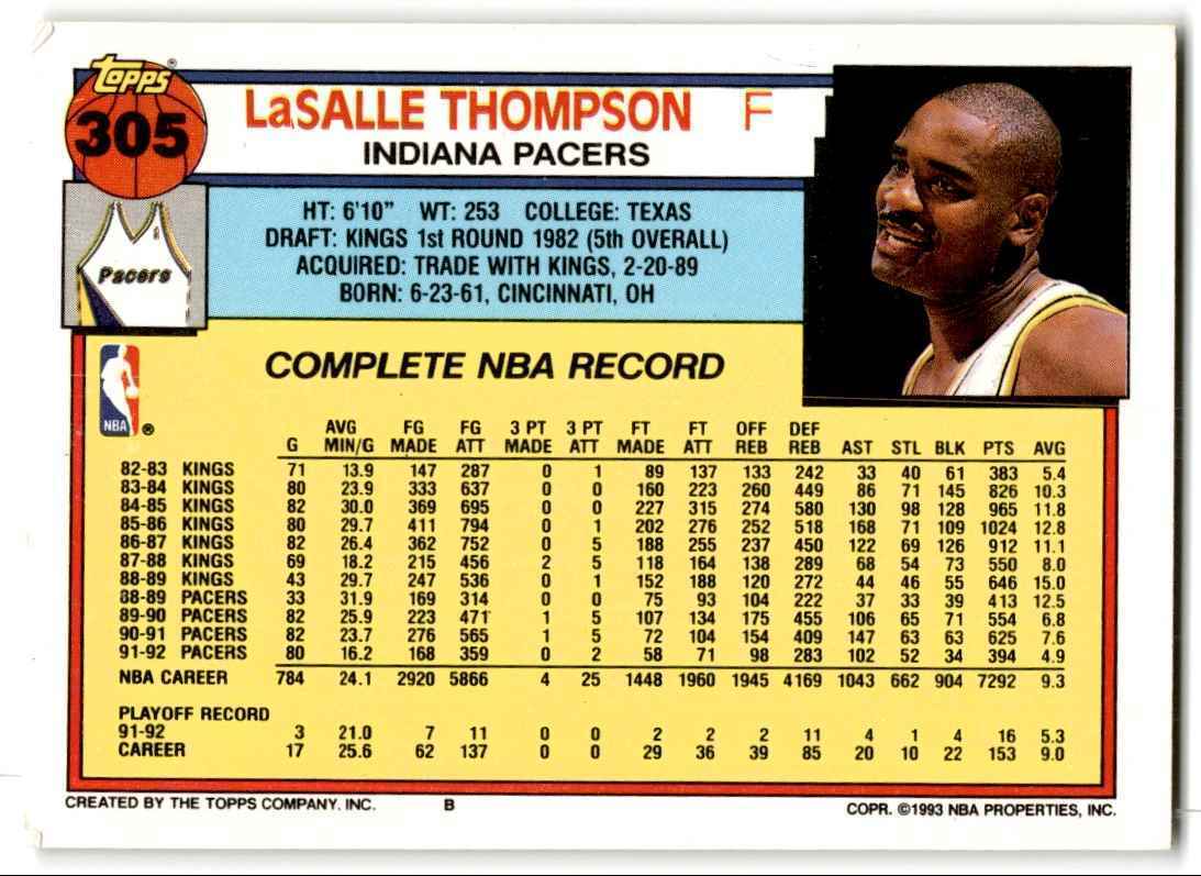 1992-93 Topps LaSalle Thompson Indiana Pacers #305