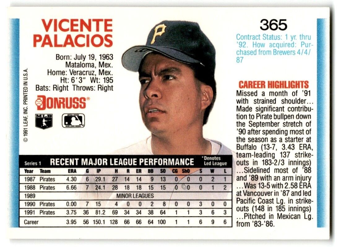 1992 Donruss Vicente Palacios Pittsburgh Pirates #365