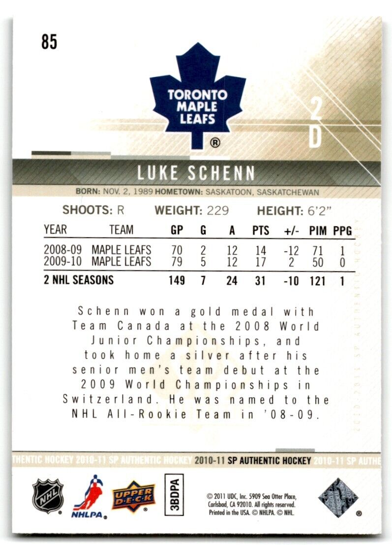 2010-11 SP Authentic Luke Schenn Toronto Maple Leafs #85