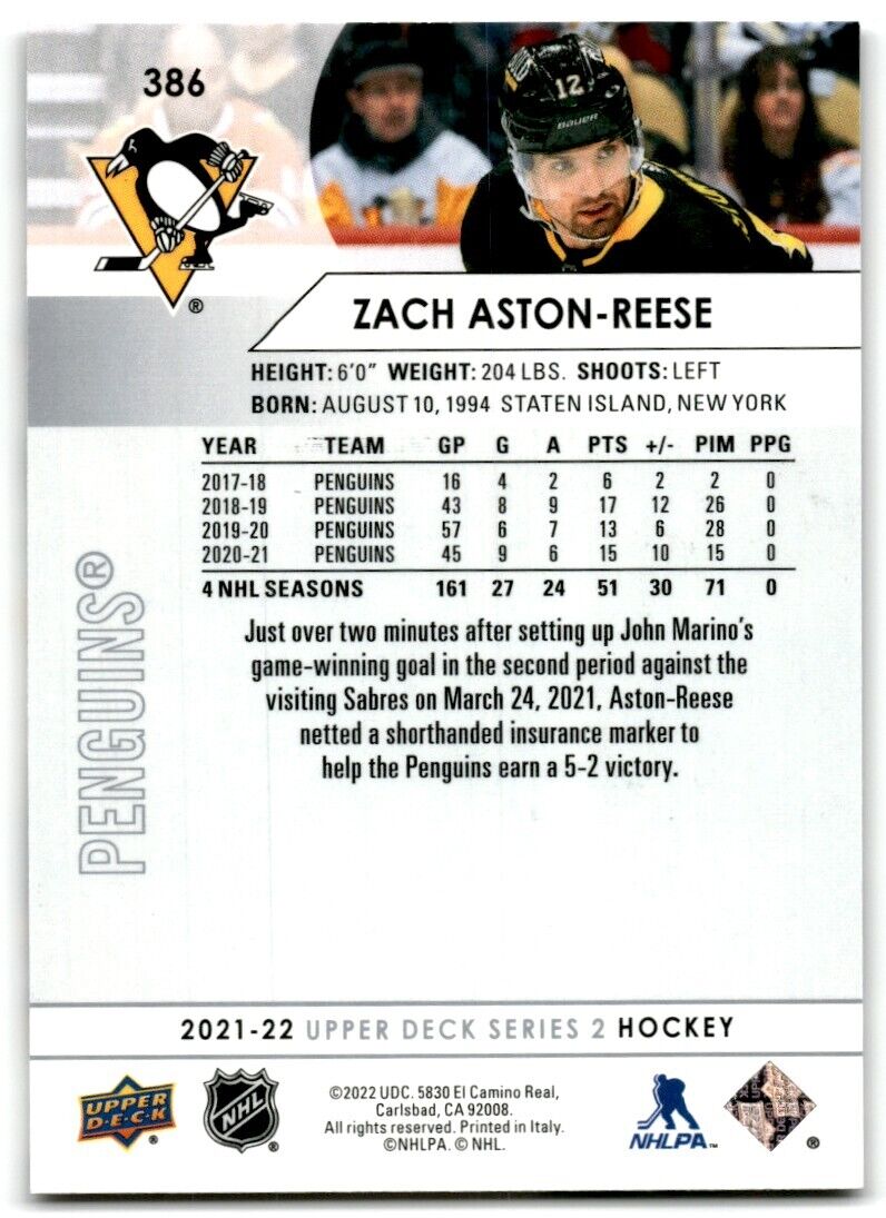 2021-22 Upper Deck Zach Aston-Reese Pittsburgh Penguins #386