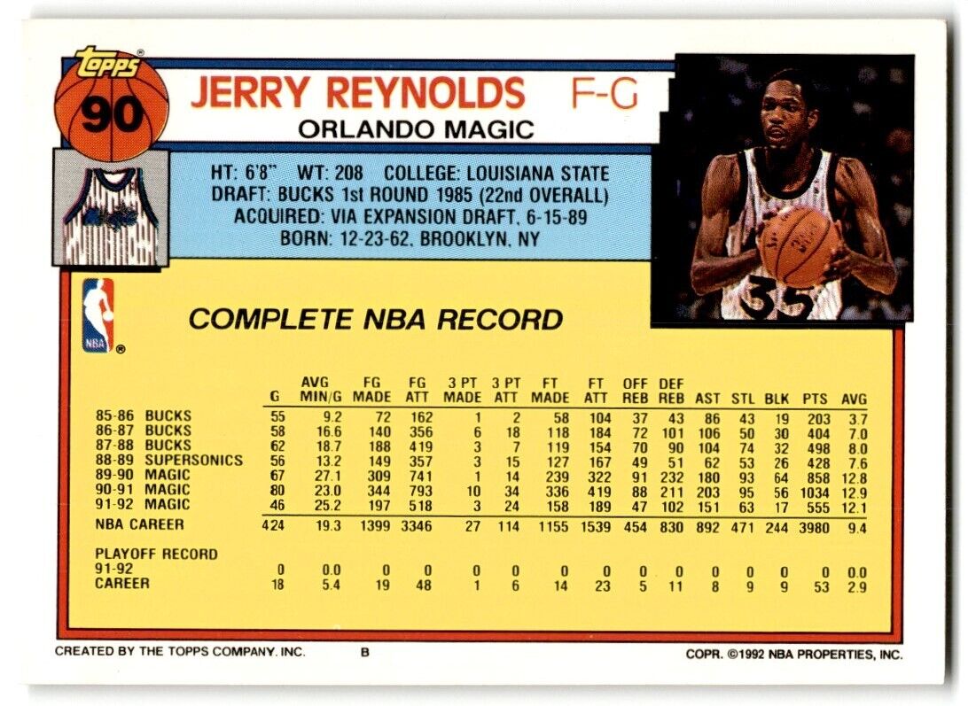 1992-93 Topps Jerry Reynolds Orlando Magic #90