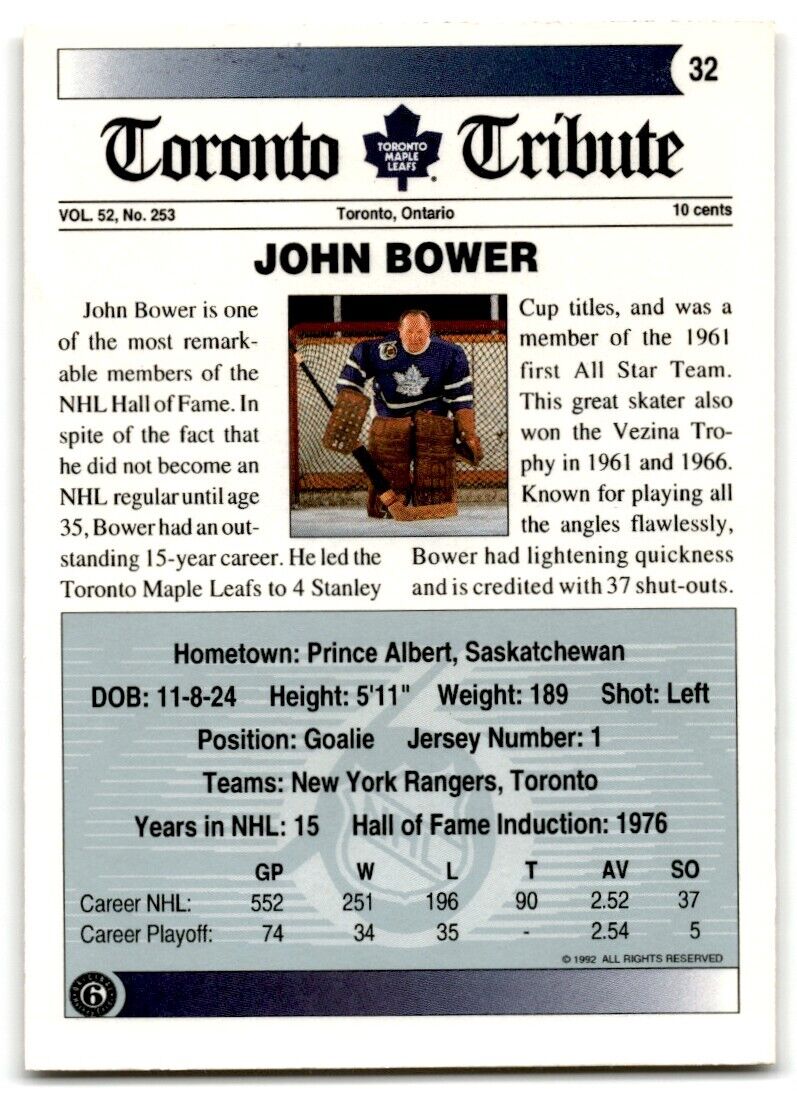 1991-92 Ultimate Original 6 John Bower Toronto Maple Leafs #32