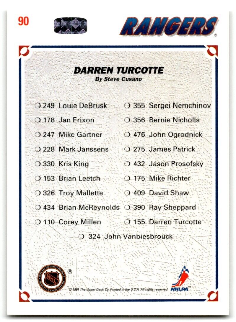 1991-92 Upper Deck Collector's choice Darren Turcotte New York Rangers #90A