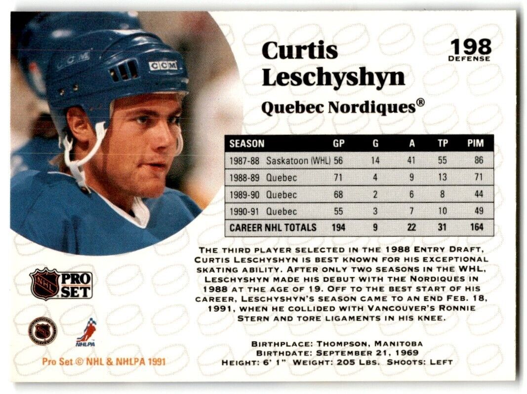 1991-92 Pro Set Curtis Leschyshyn Quebec Nordiques #198