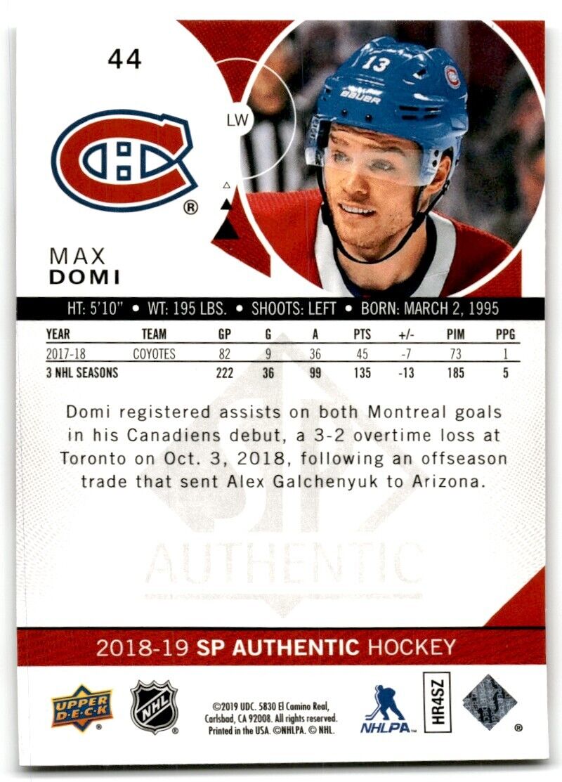 2018-19 SP Authentic Max Domi Montreal Canadiens #44