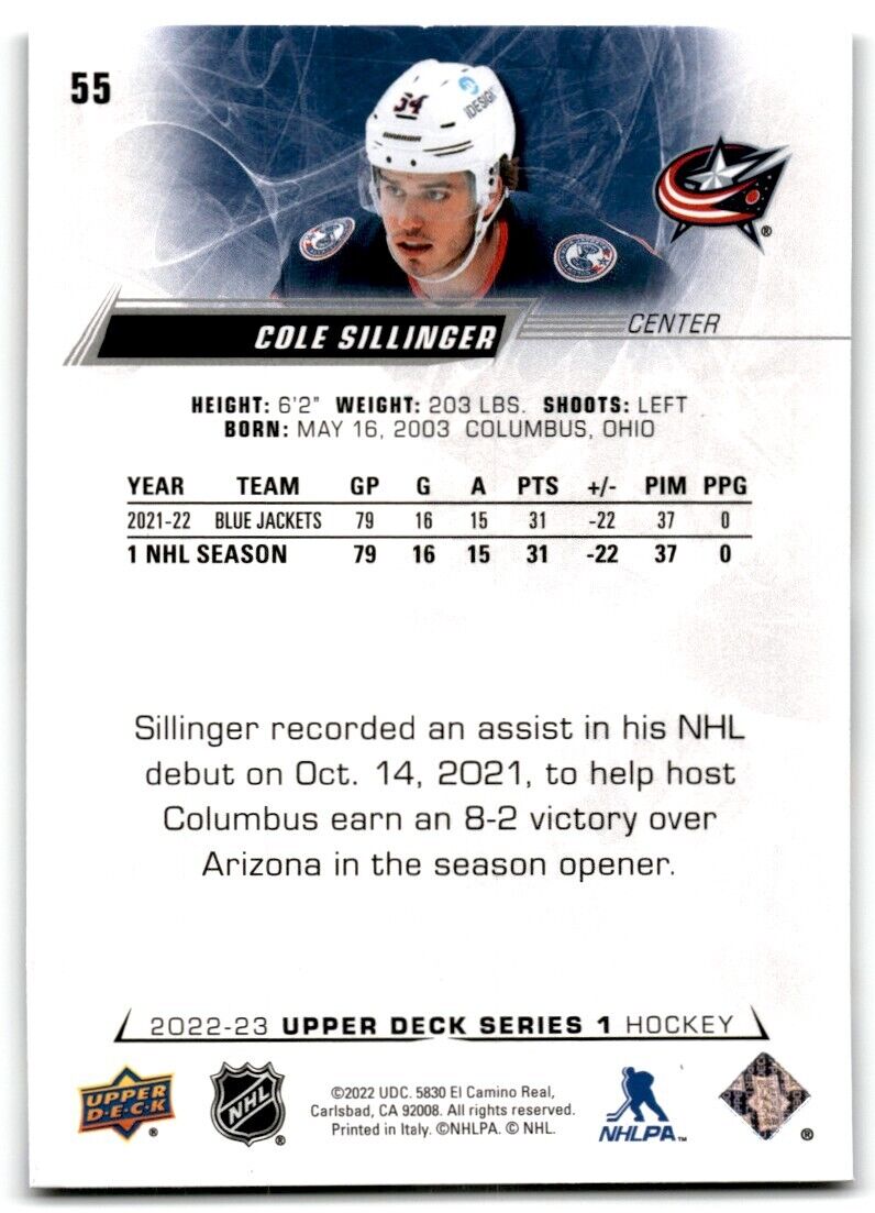 2022-23 Upper Deck Cole Sillinger Columbus Blue Jackets #55