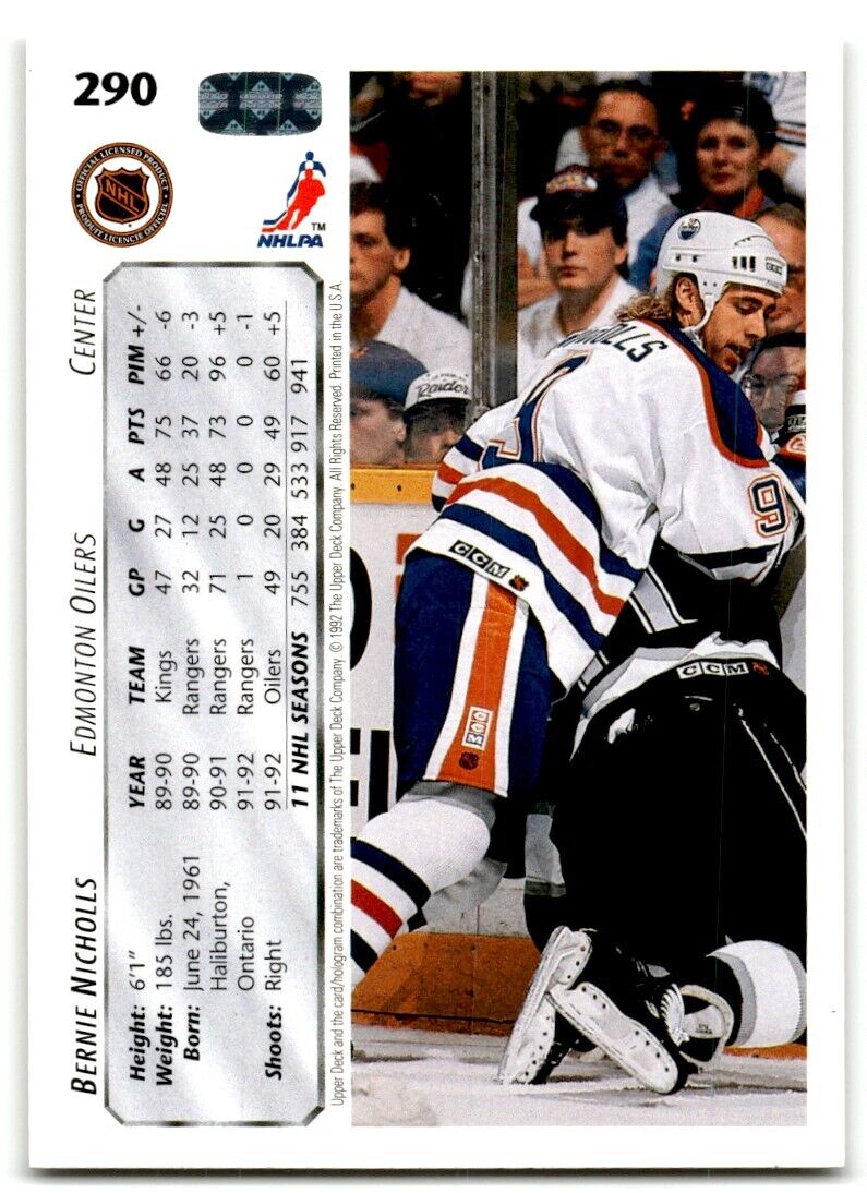 1992-93 Upper Deck Bernie Nicholls Edmonton Oilers #290