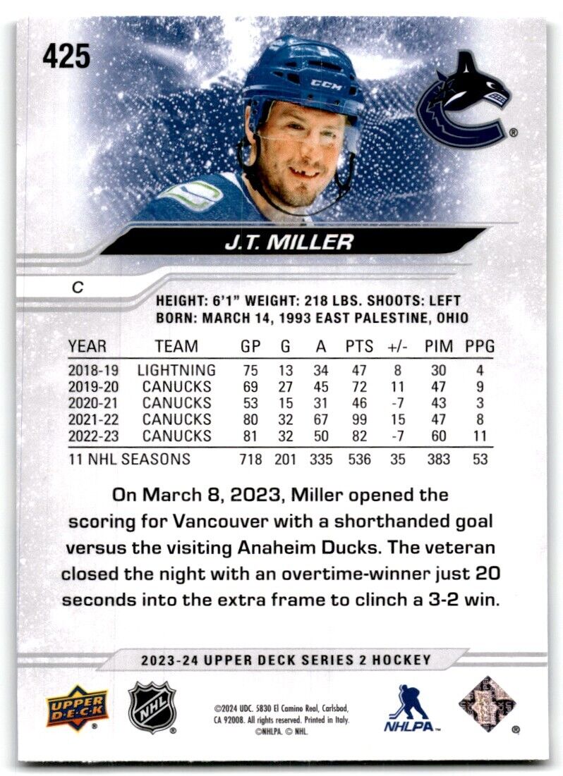 2023-24 Upper Deck J.T. Miller Vancouver Canucks #425