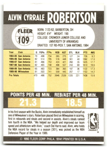 1990-91 Fleer Alvin Robertson Milwaukee Bucks #109