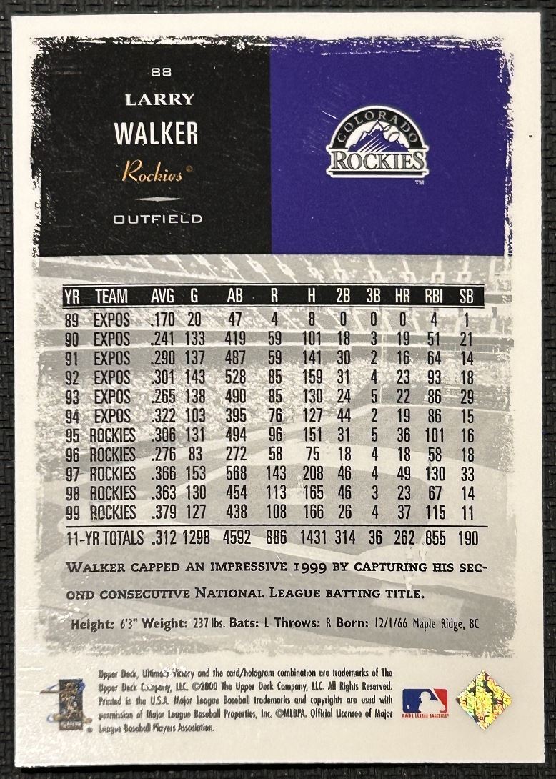 2000 Upper Deck Ultimate Upper Deck Victory Larry Walker Colorado Rockies #88