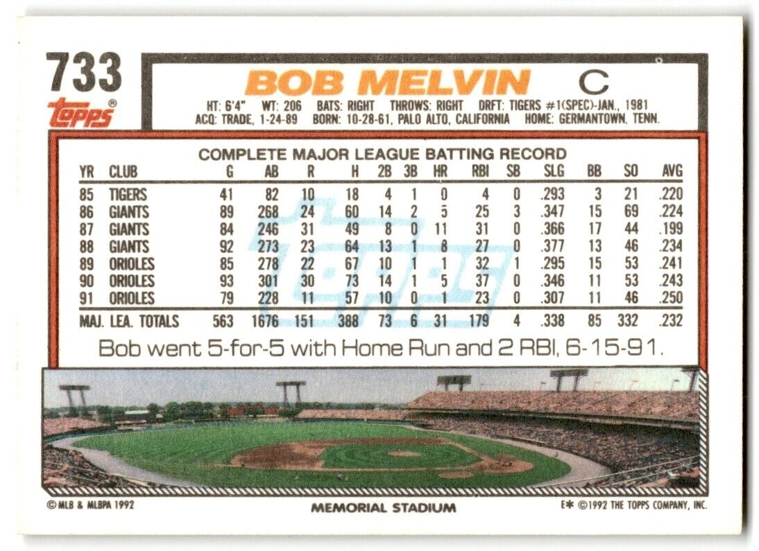 1992 Topps Bob Melvin Baltimore Orioles #733