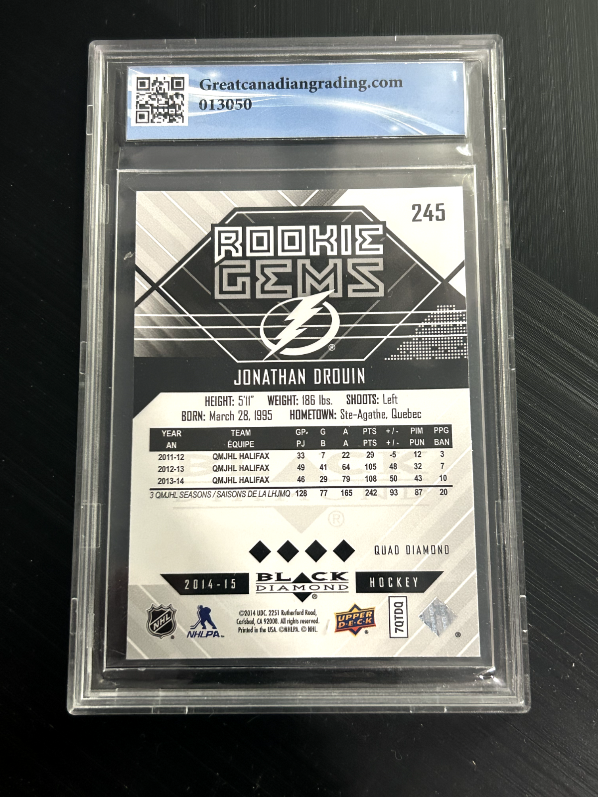 2014-15 UD Black Diamond Quad Gems Jonathan Drouin Rookie #245 Tampa Bay Graded