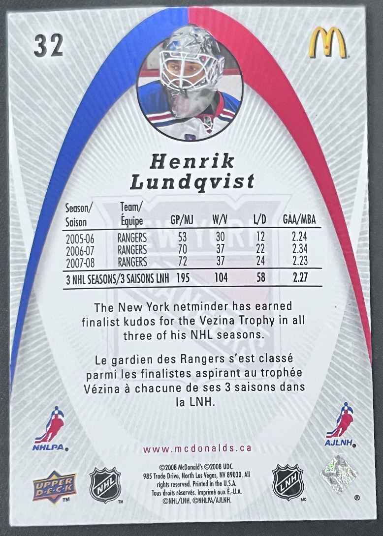 2008-09 McDonald's Upper Deck Henrik Lundqvist New York Rangers #32