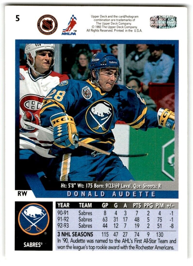 1993-94 Upper Deck Donald Audette Buffalo Sabres #5