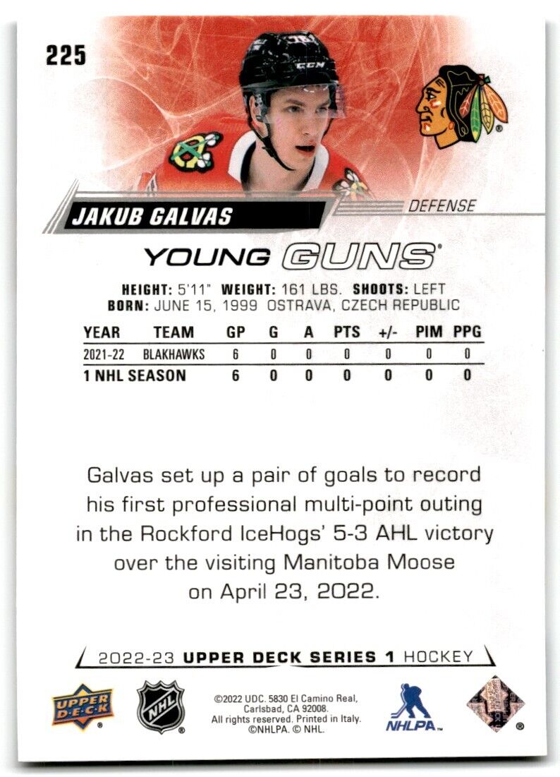 2022-23 Upper Deck Young Guns Jakub Galvas Rookie Chicago Blackhawks #225