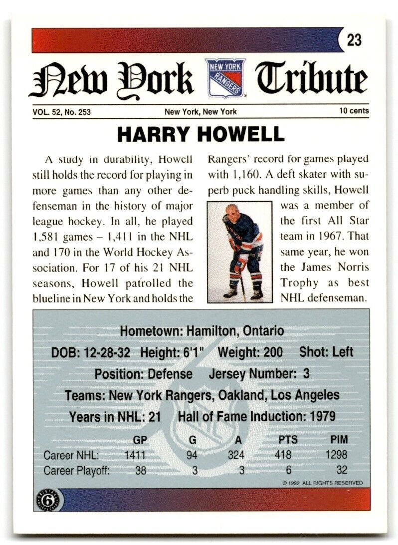 1991-92 Ultimate Original 6 Harry Howell New York Rangers #23