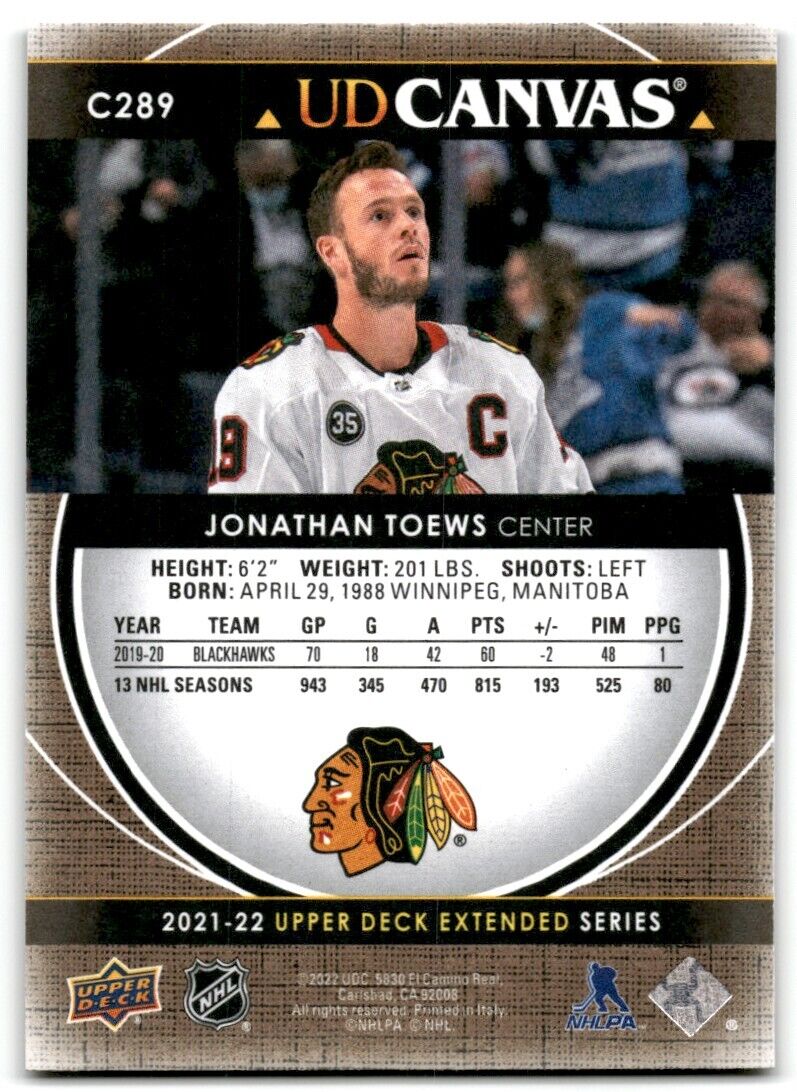 2021-22 Upper Deck UD Canvas Black Jonathan Toews Chicago Blackhawks #C289