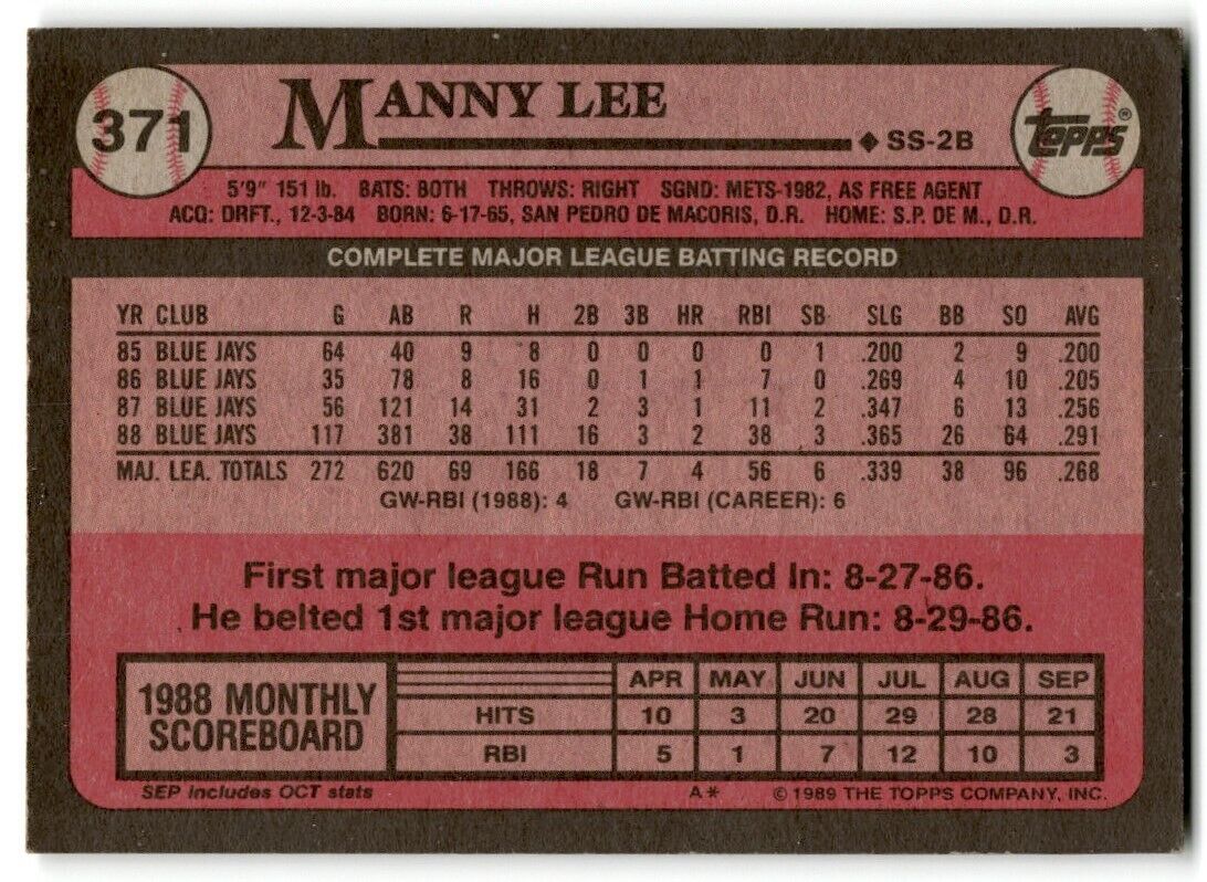 1989 Topps Manny Lee Toronto Blue Jays #371